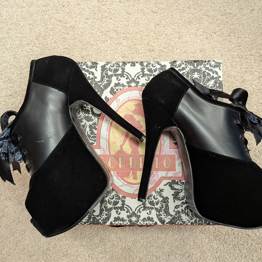 Bordello Black Satin Lace-Up Heels